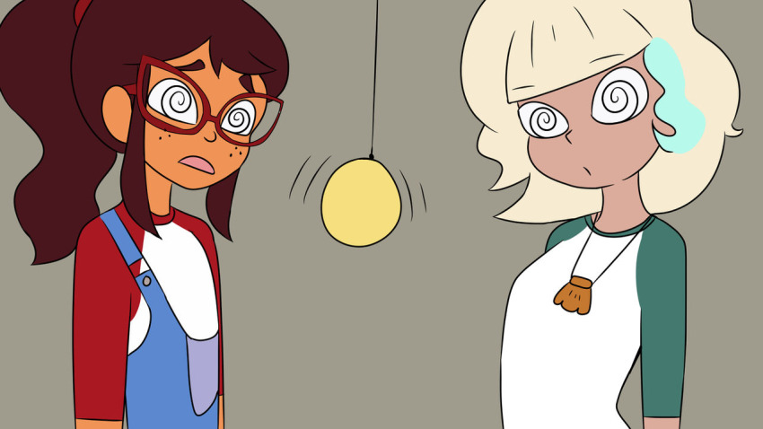 bangs brown_hair daichigatari disney eyebrows_visible_through_hair female_only freckles glasses hailey&#039;s_on_it hailey_banks jackie_lynn_thomas long_hair necklace open_mouth pendulum platinum_blonde_hair short_hair simple_background spiral_eyes star_vs_the_forces_of_evil suspenders tied_hair