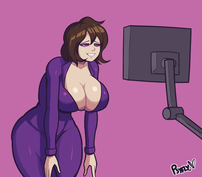 animated_gif bodysuit brown_hair eveline_(silk_merchant) happy_trance hypnotic_screen kaa_eyes large_breasts milf original psyfly short_hair simple_background