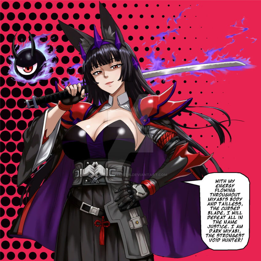 alternate_costume aura black_hair breasts corruption dark_(dynamodanny) dialogue english_text femsub floating fox_ears glowing hand_on_hip happy_trance horns hoshimi_miyabi large_breasts long_hair looking_at_viewer original possession red_eyes smile speech_bubble sword text umbra_callistis watermark weapon zenless_zone_zero