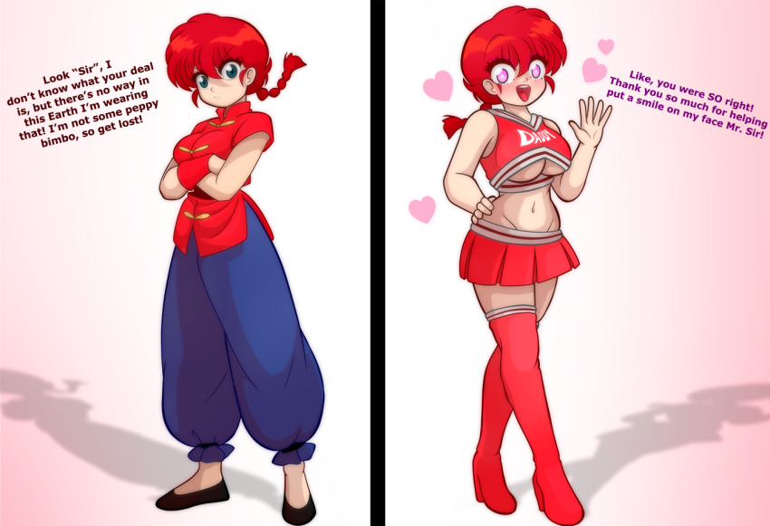 before_and_after blue_eyes cheerleader dialogue disguised_hypnotist feminization femsub genderswap heart heart_eyes high_heels navel pants pink_eyes ponytail ranma_1/2 ranma_saotome red_hair shirt simple_background smile text thighhighs tongue underboob