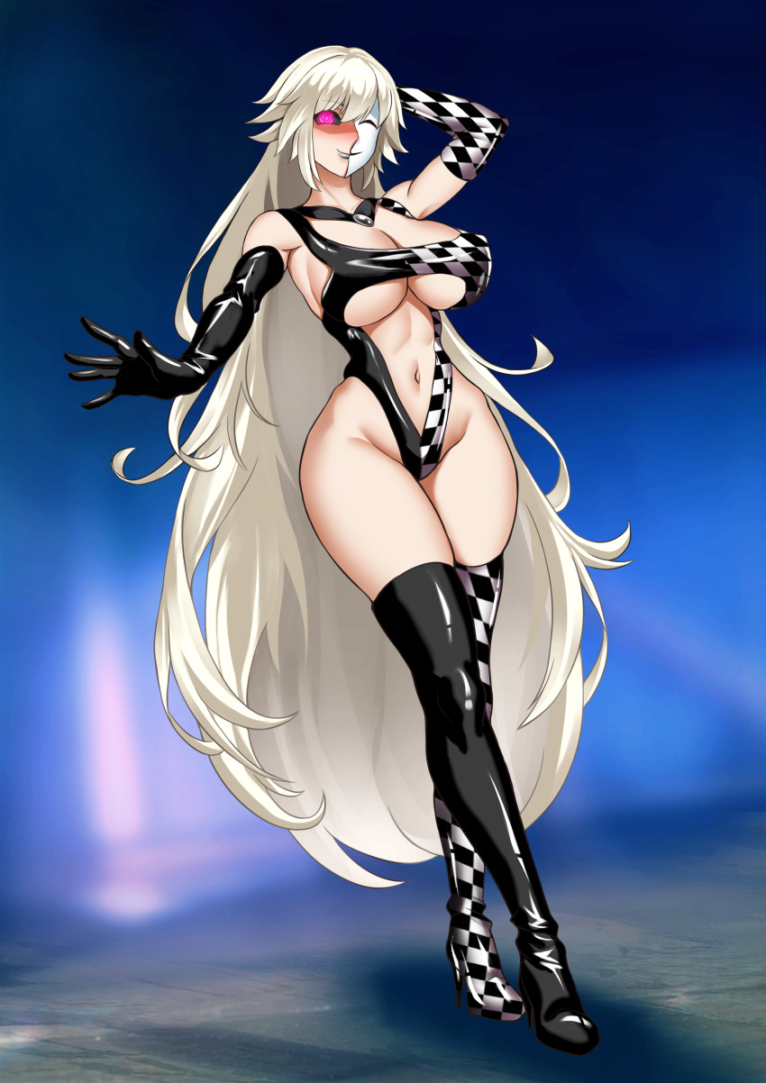 absurdres black_lipstick black_sclera blush boots breasts cleavage corruption fate/grand_order fate_(series) female_only femsub gloves glowing_eyes gradient_background hadant hand_on_head happy_trance heart_eyes high_heels jeanne_alter large_breasts lipstick long_hair mask navel opera_gloves pink_eyes sling_bikini smile solo standing story thigh_boots thighhighs underboob very_long_hair white_hair