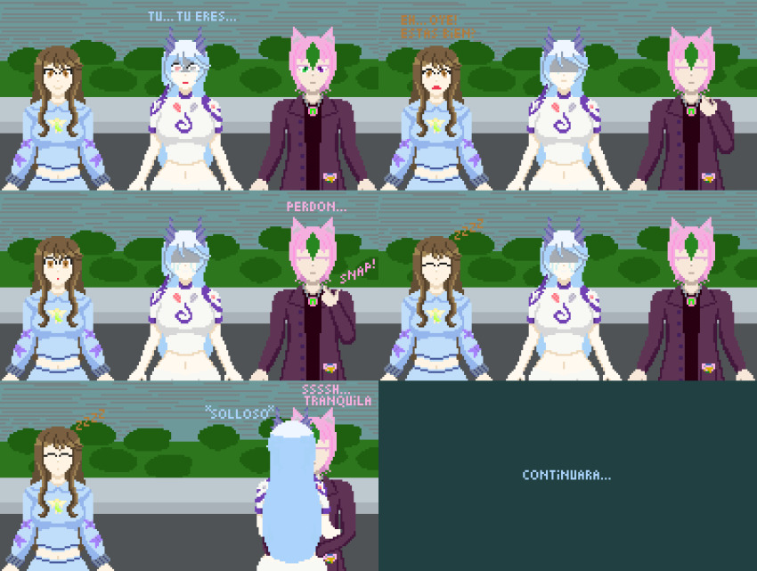 blue_hair brown_eyes brown_hair green_eyes green_hair kissing nyarukavt nyarupix_thotep original pink_eyes pink_hair pixel_art purple_eyes shizu_thotep sleeping tears text translation_request trigger tsubaki_mineo white_hair white_skin