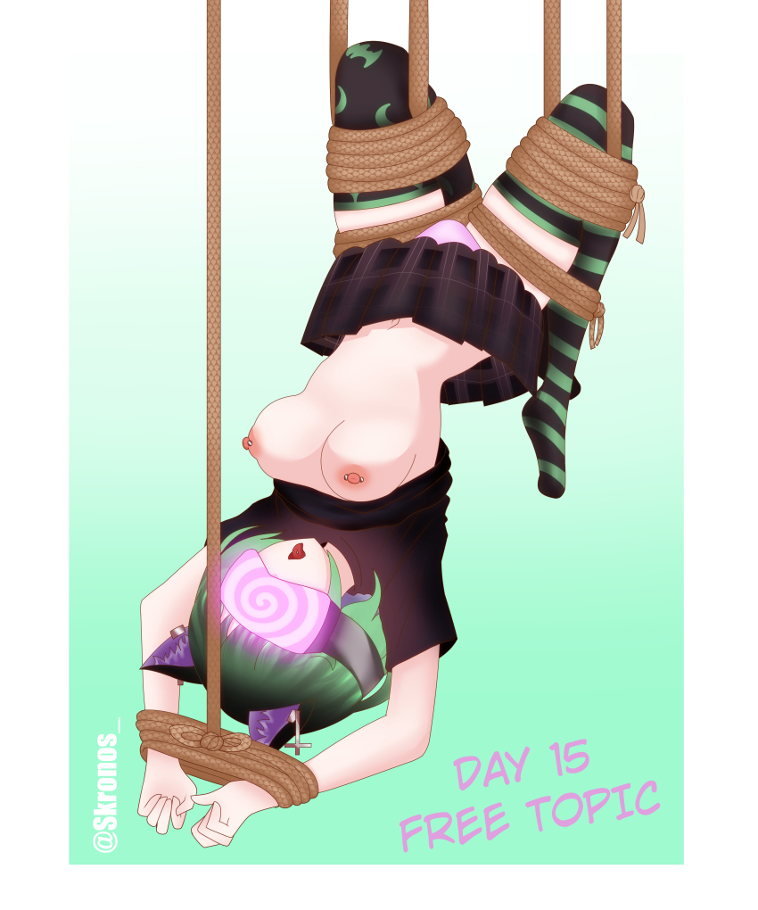 absurdres bondage breasts femsub hypnovember kronobas28 nipple_piercing nipples open_mouth original simple_background sinead_(kronobas28) upskirt visor