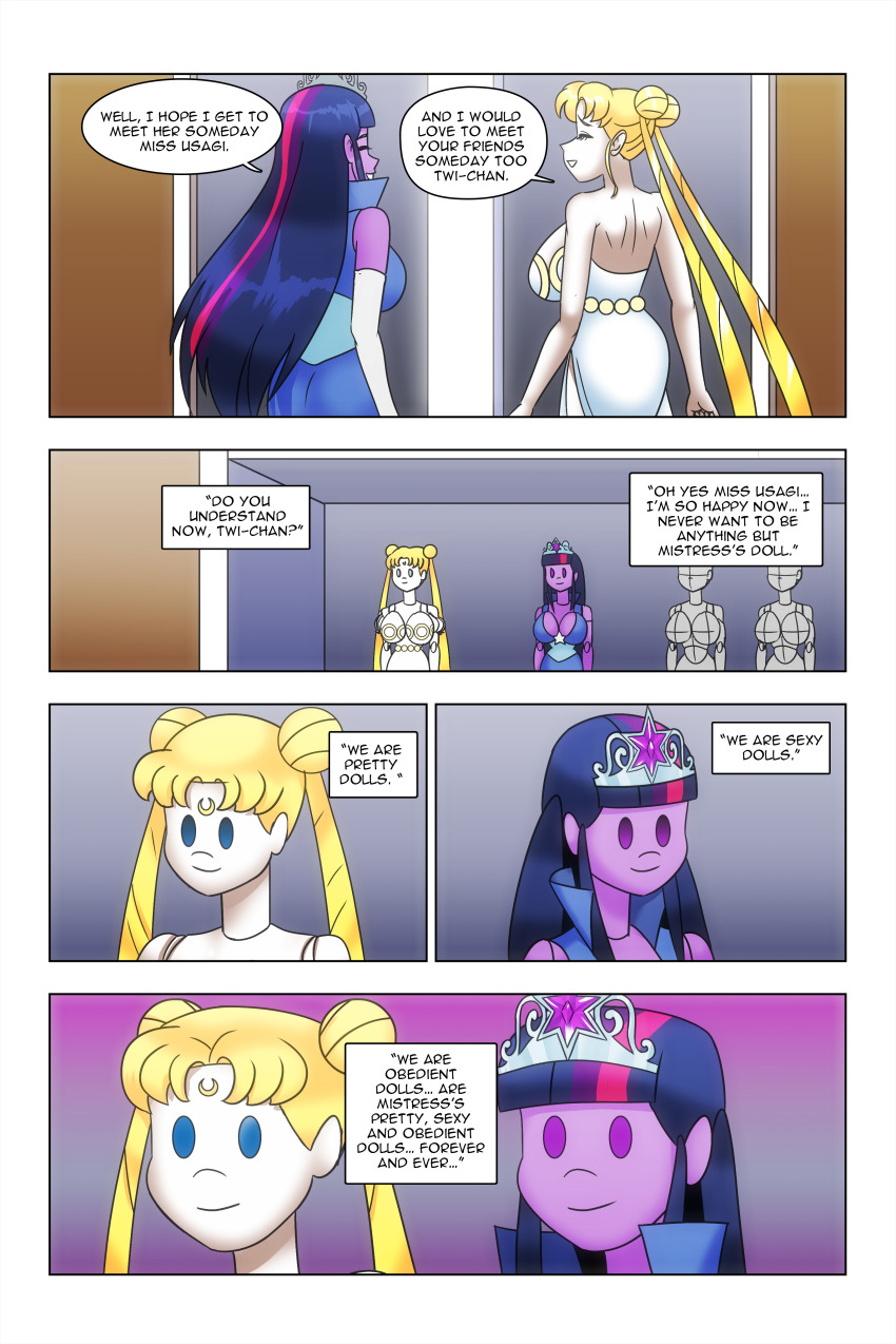 bare_shoulders blonde_hair blue_eyes comic crown dialogue doll doll_joints dress empty_eyes equestria_girls facial_markings femdom femsub hair_buns happy_trance large_breasts long_hair multicolored_hair my_little_pony opera_gloves princess purple_eyes purple_skin sailor_moon sailor_moon_(series) smile story text twilight_sparkle twintails wadevezecha western