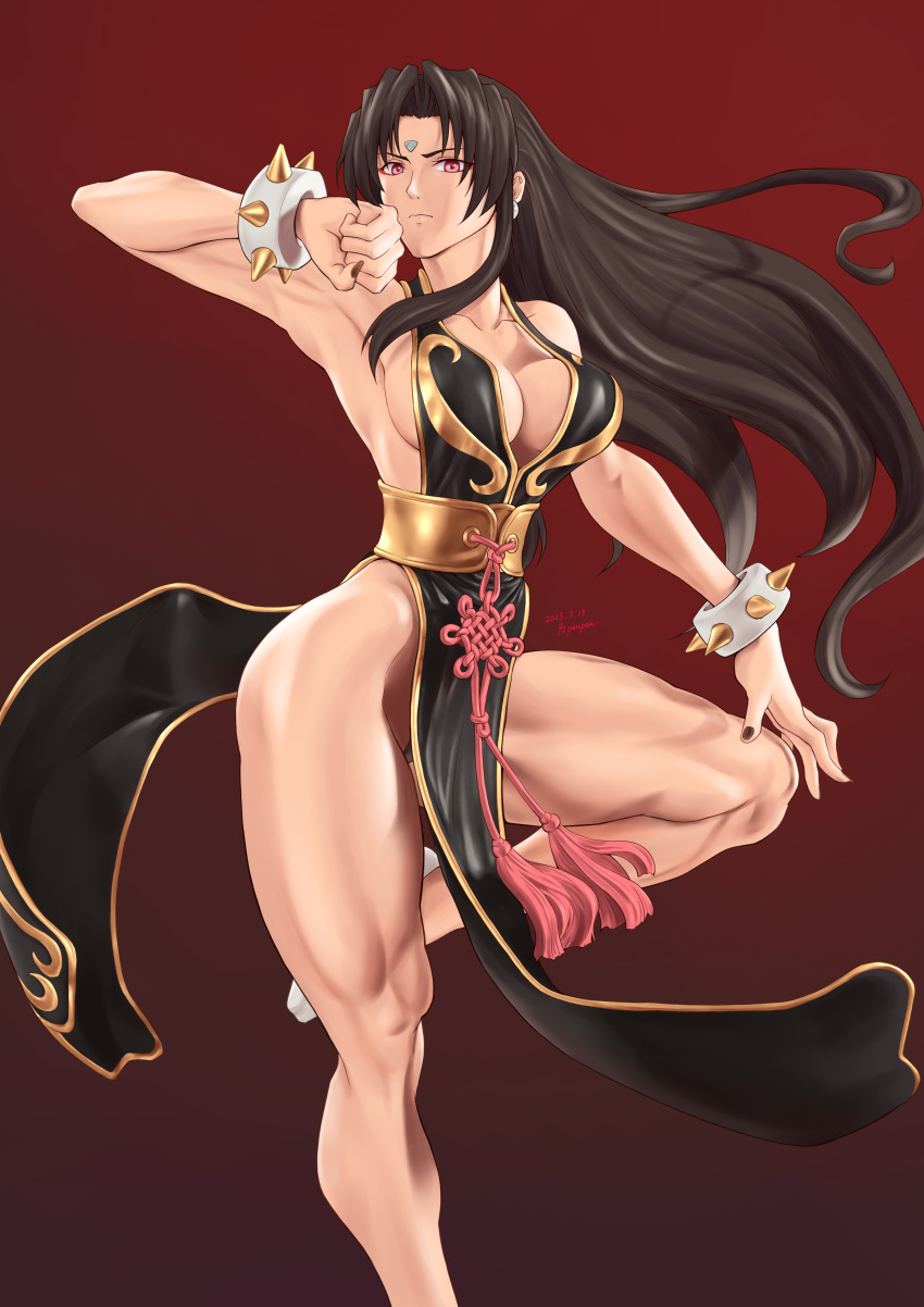 92penpen alternate_costume alternate_hairstyle bare_legs bare_shoulders bracelet bracers breasts brown_hair capcom chun-li cleavage control_indicator corruption earrings expressionless eyeshadow female_only femsub gradient_background jewelry large_breasts legs long_hair looking_at_viewer makeup microchip muscle_girl nail_polish red_background red_eyes solo street_fighter street_fighter_ii_v tech_control thick_thighs thighs