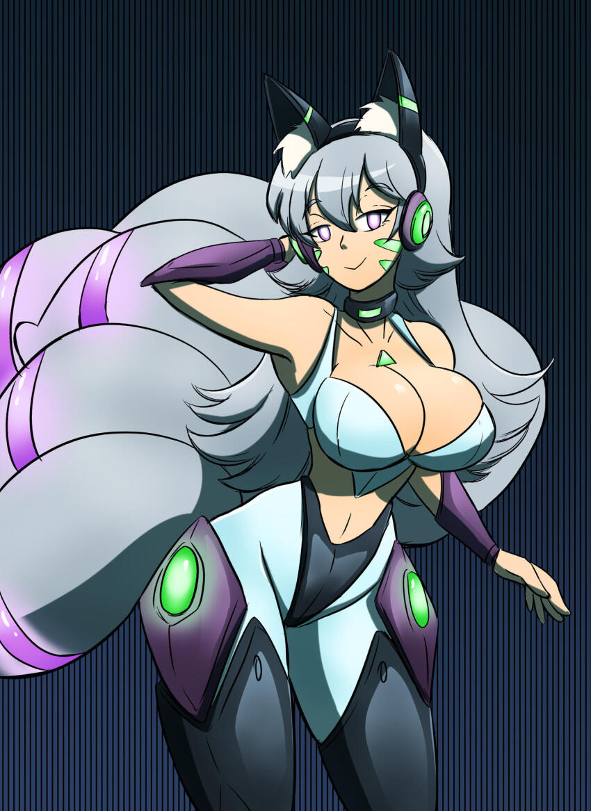 absurdres cleavage collar collarbone female_only fembot femsub fox_ears fox_girl fox_tail glowing_eyes headphones huge_breasts huge_hips hypnotic_accessory kobi94 large_breasts large_hips leaning_forward original purple_eyes robot_girl robotization seductive_smile silver_hair tank_top tech_control thick_thighs tight_clothing white_eyes wide_hips