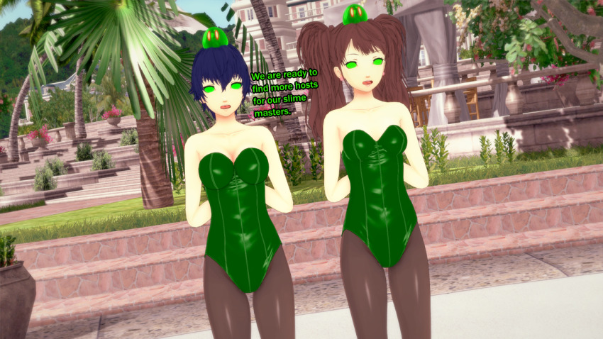 3d arms_behind_back blue_hair brown_hair bunnysuit cleavage collarbone english_text expressionless female_only femsub mantra multiple_girls multiple_subs naoto_shirogane open_mouth persona_(series) persona_4 rise_kujikawa short_hair slime sonrio12 standing text tights twintails whitewash_eyes