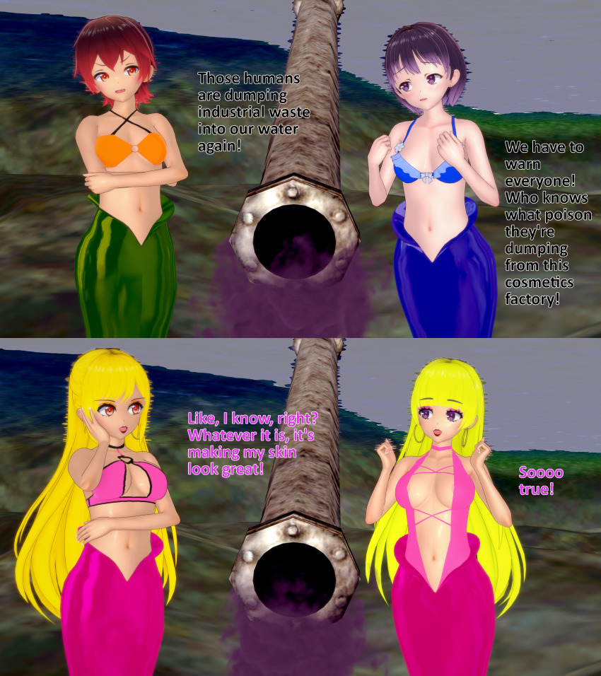 3d before_and_after bikini_top bimbofication blonde_hair cleavage clothed comic earrings eyeshadow female_only femsub lipstick long_hair mermaid multiple_girls multiple_subs navel purple_eyes red_eyes short_hair sideboob tail text transformation underwater wfay42