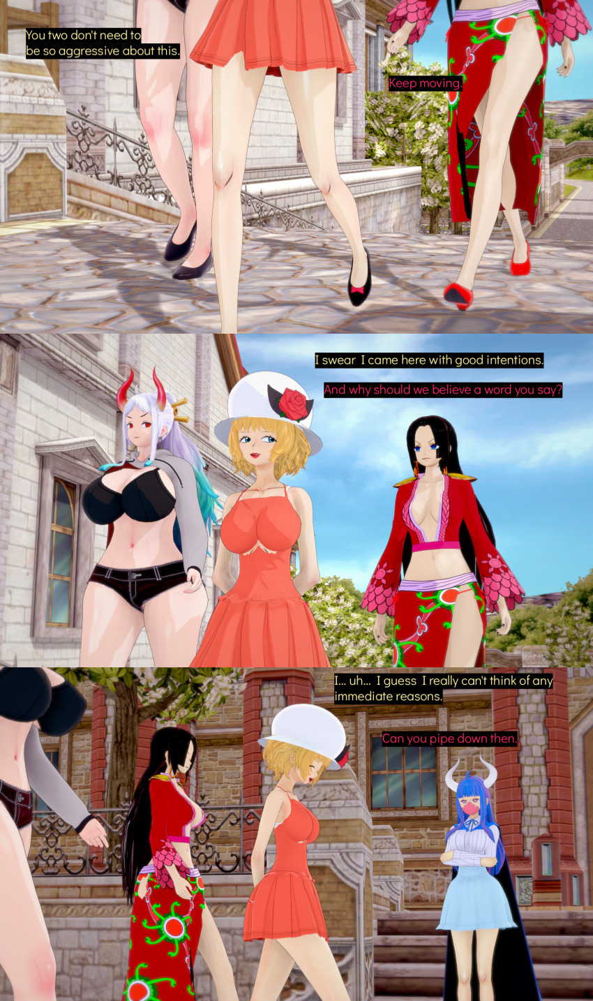 3d absurdres black_hair blonde_hair blue_eyes blue_hair boa_hancock clothed cyanstargazer dialogue english_text horns long_hair mask multicolored_hair multiple_girls one_piece oni_boy pink_eyes pink_hair red_eyes short_hair stussy_(one_piece) text ulti_(one_piece) white_hair yamato_(one_piece)