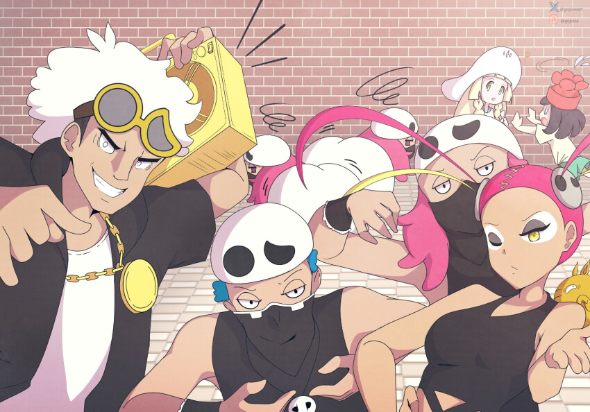 ahoge ass beanie black_hair blonde_hair blue_hair chibi drowzee empty_eyes eyeshadow face_mask femdom femsub glasses gojulas golden_boombox_(prevence) guzma_(pokemon) hat hypnovember jacket large_ass lillie_(pokemon) long_hair looking_at_viewer makeup maledom multicolored_hair multiple_doms multiple_subs music_player necklace nintendo one_eye_open open_mouth original pink_eyes pink_hair plumeria_(pokemon) pokemon pokemon_(creature) pokemon_sun_and_moon selene_(pokemon) shirt short_hair shorts skull smile team_skull team_skull_grunt twerk twin_braids twintails white_hair wink wrist_band yellow_eyes