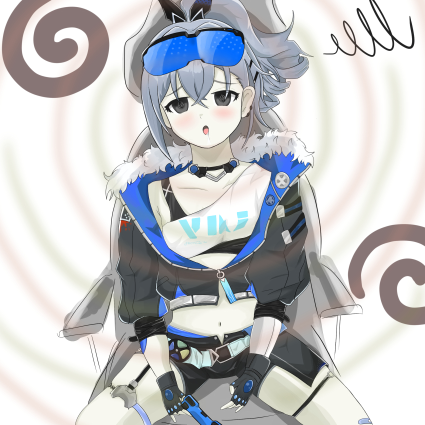 blush breasts chair cleavage clothed drool female_only femsub fingerless_gloves gloves hai_(hahaha123478965) honkai_star_rail midriff navel silver_hair silver_wolf_(honkai_star_rail) sitting solo spiral spiral_background spiral_eyes spiralwash_eyes symbol