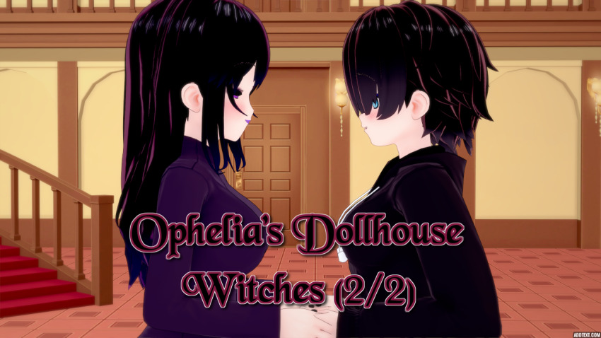 aware black_hair blue_eyes clothed cover english_text female_only kurai_(witch) long_hair mad_jacks multiple_girls ophelia's_dollhouse ophelia_(ophelia's_dollhouse) purple_eyes short_hair text witch_(mad_jacks) zenin1