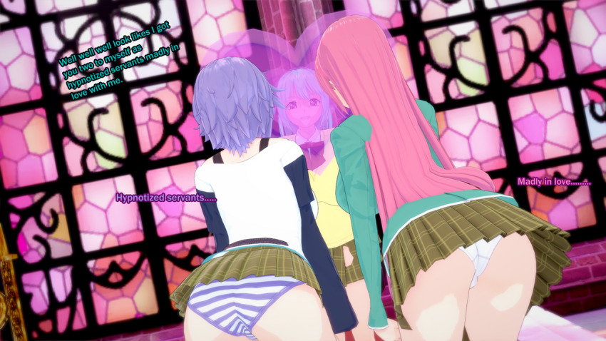 3d ass blue_hair femdom femsub kurumu_kurono mizore_shirayuki moka_akashiya pink_hair purple_hair rosario+vampire sonrio12 text