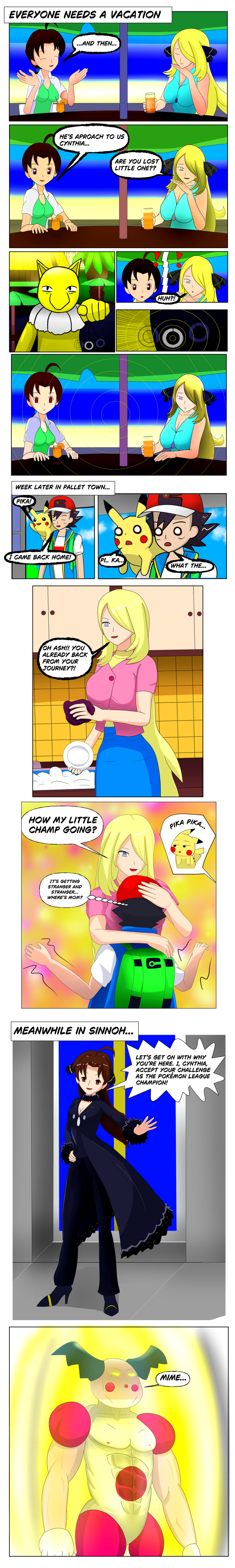 ash_ketchum black_hair blonde_hair comic cynthia delia_ketchum dialogue empty_eyes femsub happy_trance hypno identity_swap long_hair mr._mime nintendo pendulum pikachu pokemon short_hair surrisaki text