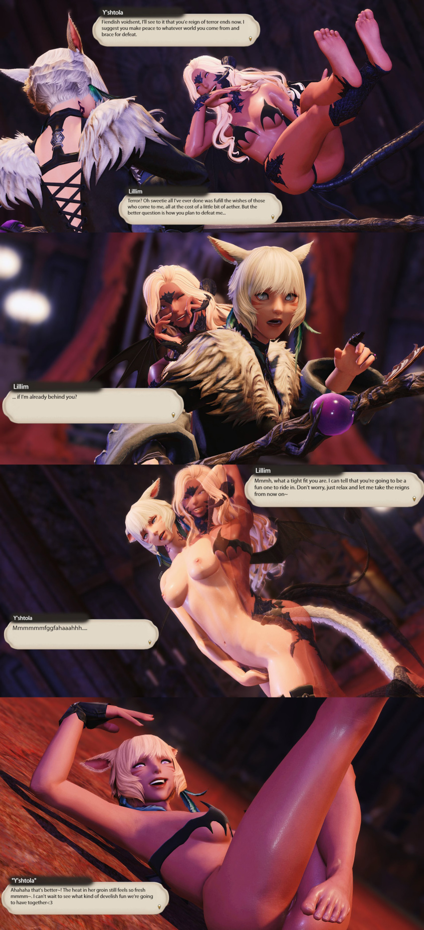 3d absurdres alternate_costume arms_above_head arms_behind_back aware bare_breasts bare_legs bare_shoulders barefoot blonde_hair body_control bra cat_ears cat_girl cleavage cosplay crossed_legs dazed dialogue edengpose edenhianne english_text eye_color_change feet female_only femdom femsub final_fantasy final_fantasy_xiv fingering fingerless_gloves floating foot_focus from_behind gloves grey_eyes horns legs legs_up lillim_the_succubus long_hair lying masturbation midriff miqo'te naughty_smile navel nipples one_eye_open original possession purple_eyes short_hair smile square_enix succubus tail text thigh_focus thighhighs thighs transformation white_hair wings wink y'shtola