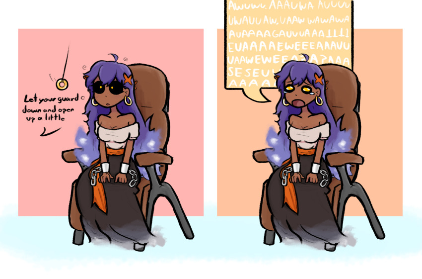 ahoge aware black_sclera border chains chair clothed coin comic consensual cuffs dark_skin dialogue dress femsub ghost gradient_background hair_ornament humor latina open_mouth original pendulum purple_hair sitting skecchyartist tagme tears text very_long_hair xochilt_(toast) yellow_eyes