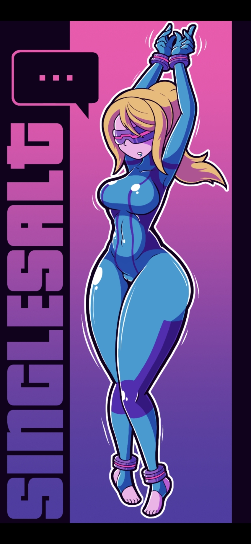 arms_above_head blonde_hair blue_lipstick cameltoe handcuffs large_breasts large_hips metroid_(series) nintendo samus_aran singlesalt tech_control tight_clothing visor zero_suit