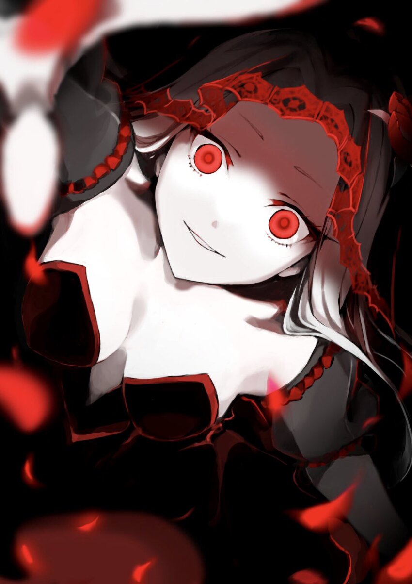 alternate_costume angra_mainyu breasts cleavage corruption dress evil_smile fate/stay_night fate/zero fate_(series) femsub flower happy_trance irisviel_von_einzbern kino_kokko possession red_eyes smile veil white_hair