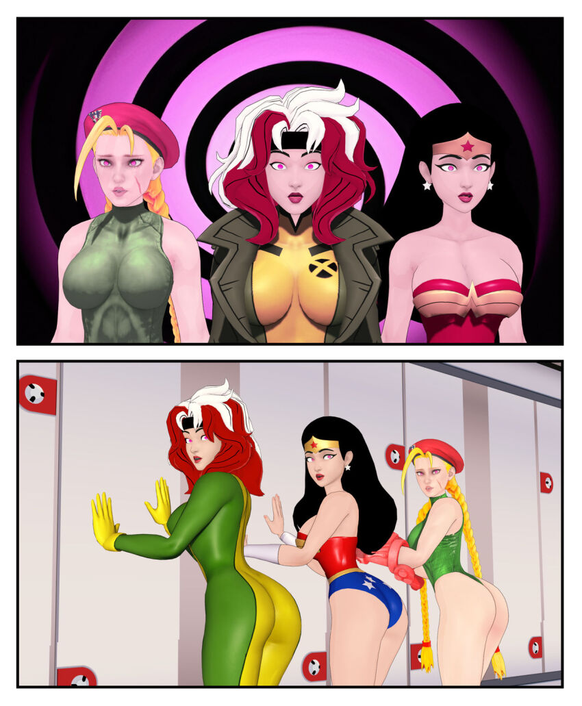 3d ass cammy_white dc_comics empty_eyes femsub large_breasts latinkaixa marvel_comics rogue street_fighter unusual_pupils wonder_woman x-men