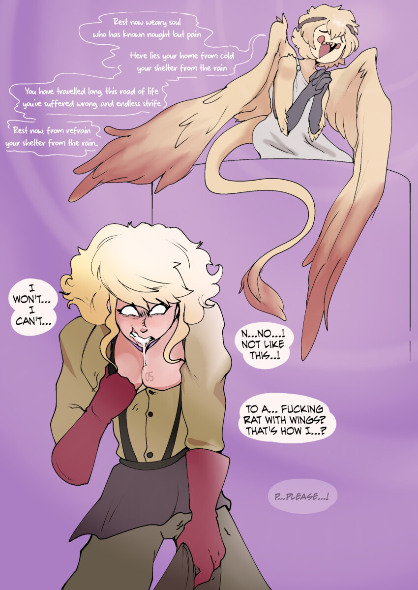 blonde_hair closed_eyes clothed dialogue drool english_text faetomi female_only femdom femsub hypnotic_voice multiple_girls original short_hair siren tail text undressing white_eyes whitewash_eyes wings