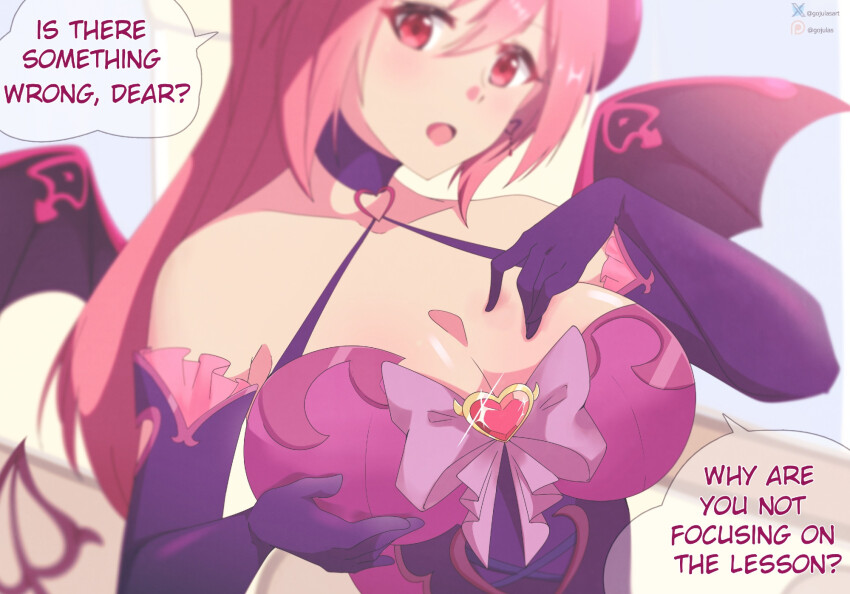 accidental_hypnosis blush breast_grab character_request choker cleavage collarbone copyright_request female_only femdom gloves gojulas heart hypnotic_breasts jewelry large_breasts leotard long_hair looking_at_viewer open_mouth opera_gloves pink_hair pov pov_sub red_eyes ribbon simple_background succubus tail text white_background wings