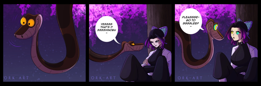 black_hair butterfly comic demon_slayer disney english_text hair_ornament hypnotic_eyes kaa kaa_eyes multiple_views orkart outdoors purple_hair shinobu_kocho signature sitting sleep_command snake text the_jungle_book trees