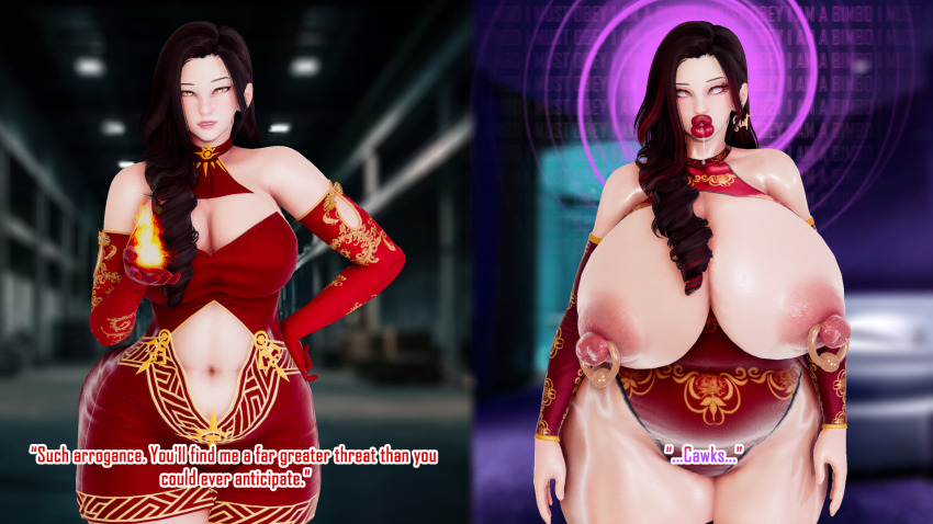 3d arcrad before_and_after bimbofication black_hair brain_drain breasts cinder_fall crossed_eyes curvy dialogue dress exposed_chest femsub gloves hand_on_hip huge_breasts huge_lips lipstick long_hair mantra nipple_piercing nipples opera_gloves piercing red_lipstick rwby spiral standing text thick_thighs wide_hips