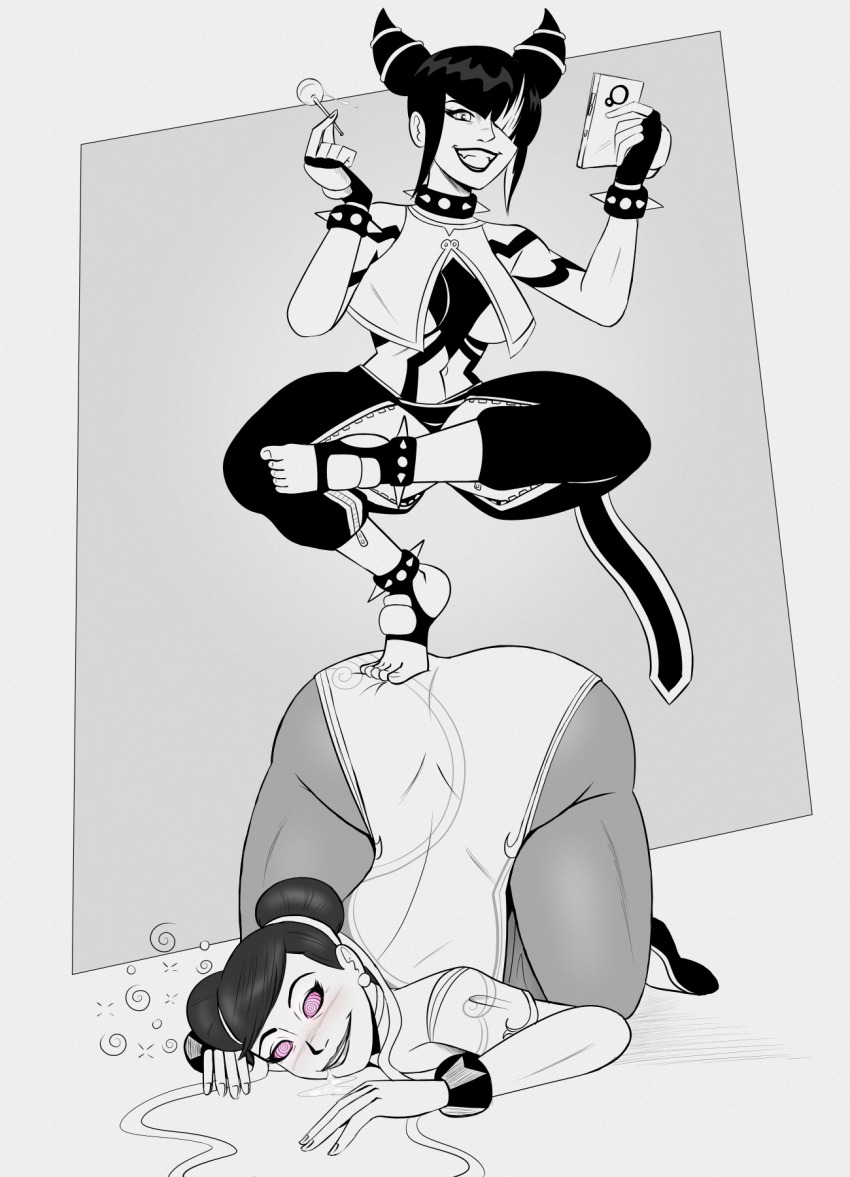 black_hair chun-li collar drool feet femdom femsub gloves greyscale happy_trance juri_han large_ass lollipop pink_eyes polmanning smile spiral_eyes street_fighter