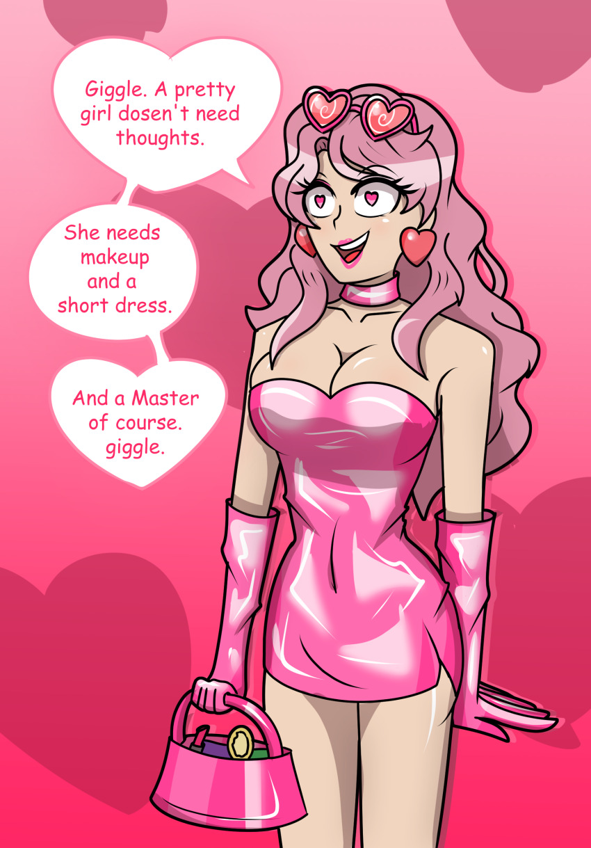 bimbofication black_clover clothed collar collarbone dress earrings english_text eyeshadow female_only femsub gloves happy_trance heart heart_eyes hy2300 lipstick open_mouth pink_eyes pink_hair smile speech_bubble sunglasses symbol_in_eyes text vanessa_enoteca