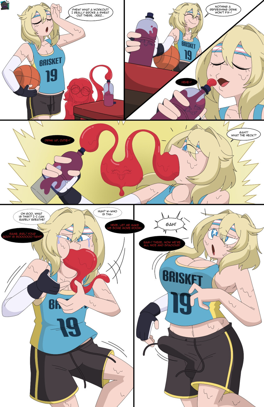 basketball blonde_hair blue_eyes breast_expansion bridget_(guilty_gear) bulge comic dez_a_sketch drinking female_only femdom femsub glasses goo_girl guilty_gear headband penis possession pride_colors shorts sportswear sweat tank_top tears text transfem transformation transgender_identity