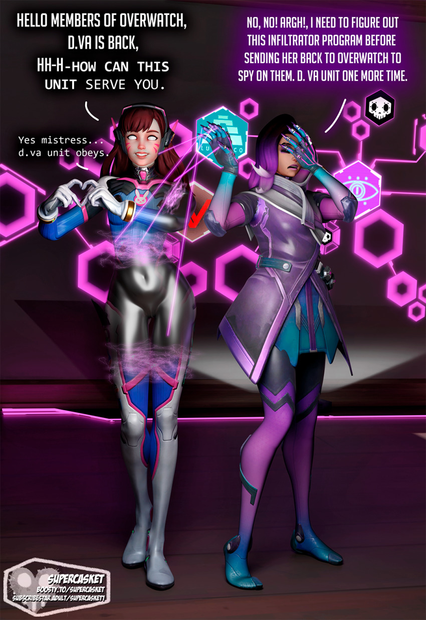 3d blender bodysuit d.va hacking happy_trance overwatch puppet sombra_(overwatch) supercasket text whitewash_eyes