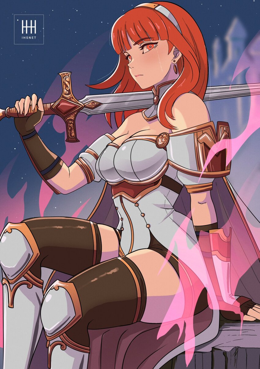armor aura bare_shoulders breasts cape celica_(fire_emblem) cleavage clothed corruption dress duma_(fire_emblem) earrings femsub fingerless_gloves fire_emblem fire_emblem_echoes fire_emblem_heroes gloves ihsnet large_breasts long_hair looking_at_viewer maledom night nintendo outdoors possession red_eyes red_hair side_slits signature sitting sword tears thick_thighs thighhighs thighs unhappy_trance weapon