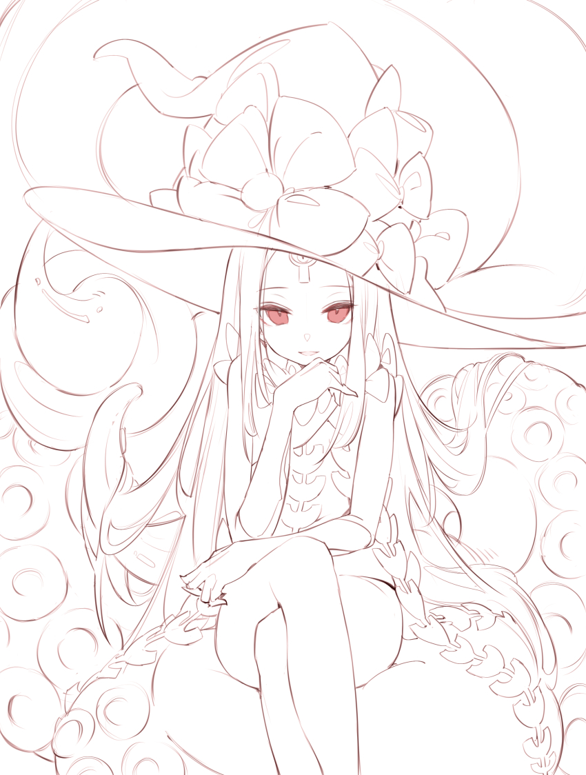 abigail_williams absurdres bare_legs bow corruption crossed_legs eldritch eye_color_change fate/grand_order fate_(series) femsub hat legs looking_at_viewer monochrome nekojira possession red_eyes sitting smile tentacles third_eye very_long_hair witch_hat yog-sothoth