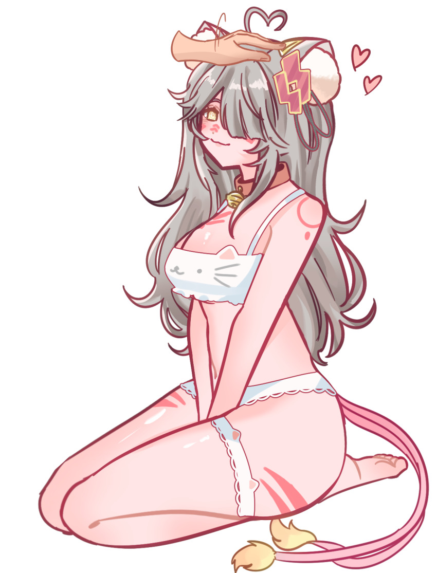 ahoge bell_collar body_markings cat_ears collar femsub gaonya happy_trance heart hypnovember lingerie missmilkou simple_background sitting spiral spiral_eyes symbol_in_eyes tail underwear virtual_youtuber yellow_eyes