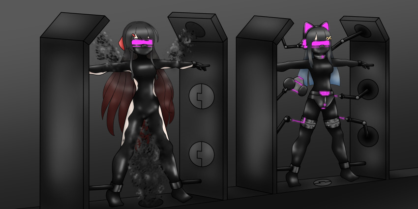 animal_ears bangs black_hair blue_hair bodysuit bow breasts cat_ears chastity collar corruption cuffs dronification face_mask grey_background hair_ornament headphones koirinnagaraku latex long_hair multicolored_eyes red_hair restrained rubber simple_background small_breasts straight-cut_bangs tech_control visor