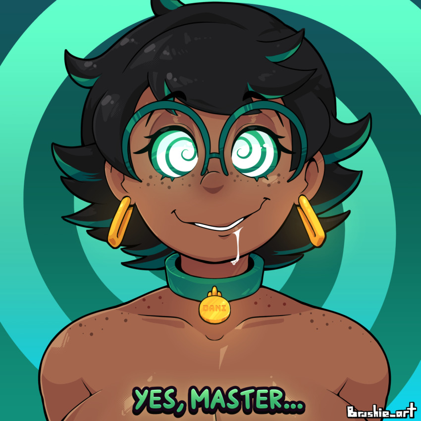 ahoge bare_shoulders black_hair brushie_art collar convenient_censoring dani_(sweaterbrat) dark_skin dog_tags drool earrings eyebrows_visible_through_hair female_only femsub freckles glasses green_background green_eyes green_hair happy_trance large_breasts latina looking_at_viewer messy_hair multicolored_hair nude original short_hair smile solo spiral_background spiralwash_eyes text