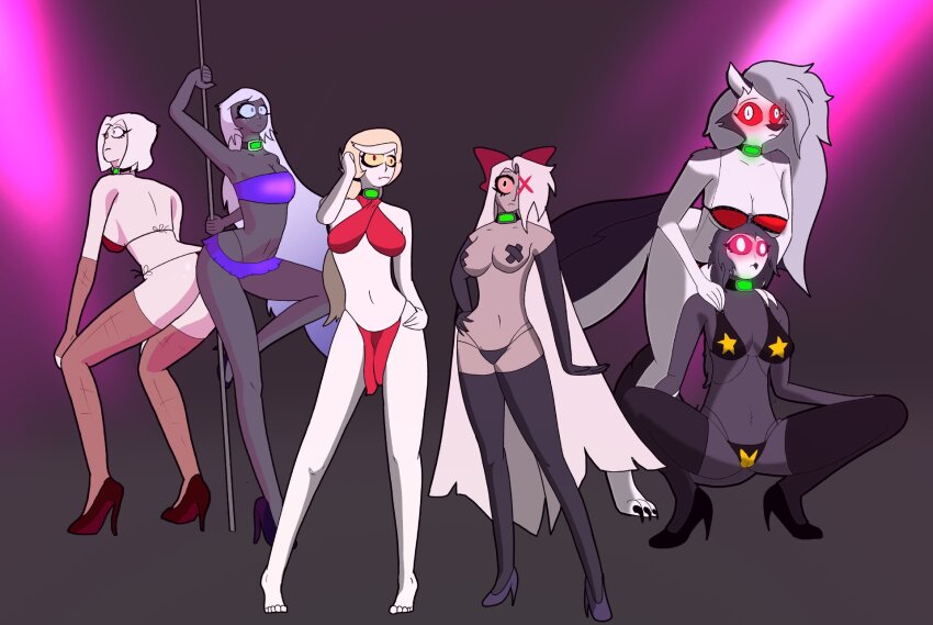 angel_girl anouras arms_above_head bare_legs barefoot beak bent_over bird_girl black_eyes black_skin blue_sclera charlie_(hazbin_hotel) cleavage collar demon demon_girl dog_girl emily_(hazbin_hotel) expressionless female_only femsub furry glowing glowing_eyes gradient_background grey_hair grey_skin hair_covering_one_eye hand_on_hip harem_outfit hazbin_hotel helluva_boss high_heels hypnotic_accessory large_breasts loincloth long_hair loona_(helluva_boss) lute_(hazbin_hotel) multiple_girls multiple_subs navel octavia_(helluva_boss) owl_girl panties pole_dancing posing purple_eyes red_eyes red_sclera short_hair shrunken_irises sidecut simple_background spread_legs squatting standing stripper tagme tape tech_control thighhighs underwear vaggie_(hazbin_hotel) very_long_hair wall_eyed white_eyes white_hair white_skin yellow_sclera