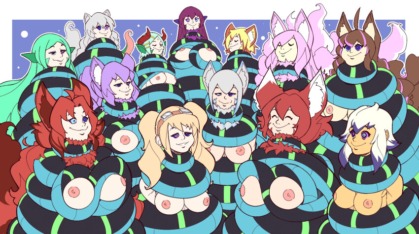 ahoge animal_ears blonde_hair blue_background border breast_fondling brown_hair character_request closed_eyes coils efalabrino facial_markings femsub fur_coat glasses green_hair grey_hair happy_trance heavy_eyelids horns jewelry kaa_eyes large_breasts multicolored_hair multiple_girls multiple_subs nipples nira_(rctdelta20) orange_hair original pink_hair purple_hair red_hair restrained short_hair silver_hair simple_background smile tail tan_skin twintails very_long_hair white_hair