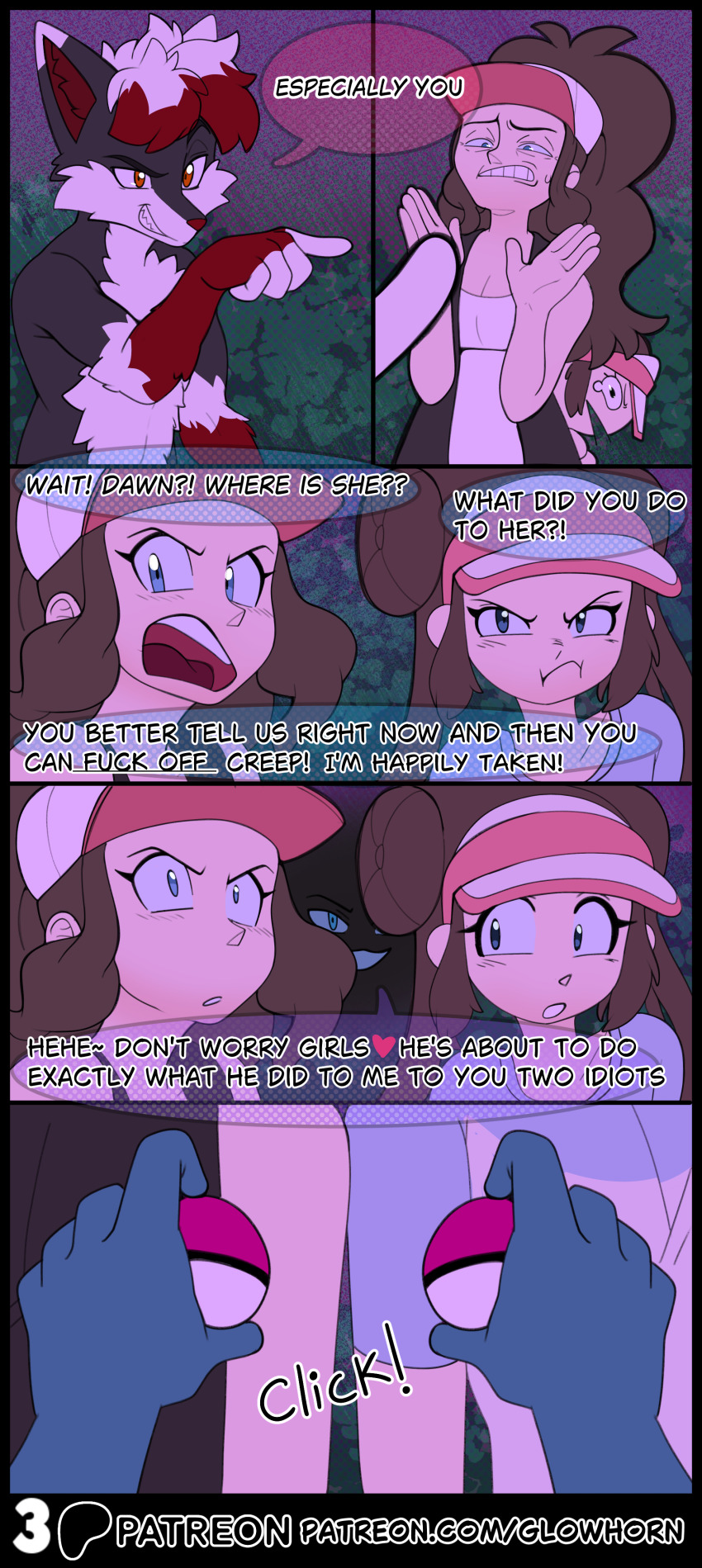 absurdres artifact_the_fox black_eyes blue_eyes blue_skin brown_hair clothed comic dawn evil_smile forest fox_boy furry glaceon glowhorn hair_buns hat heart hilda nintendo open_mouth orange_eyes original plant pokeball pokemon pokemon_(creature) ponytail red_hair rosa_(pokemon) sharp_teeth simple_background smile smug surprised tongue vest visor white_hair