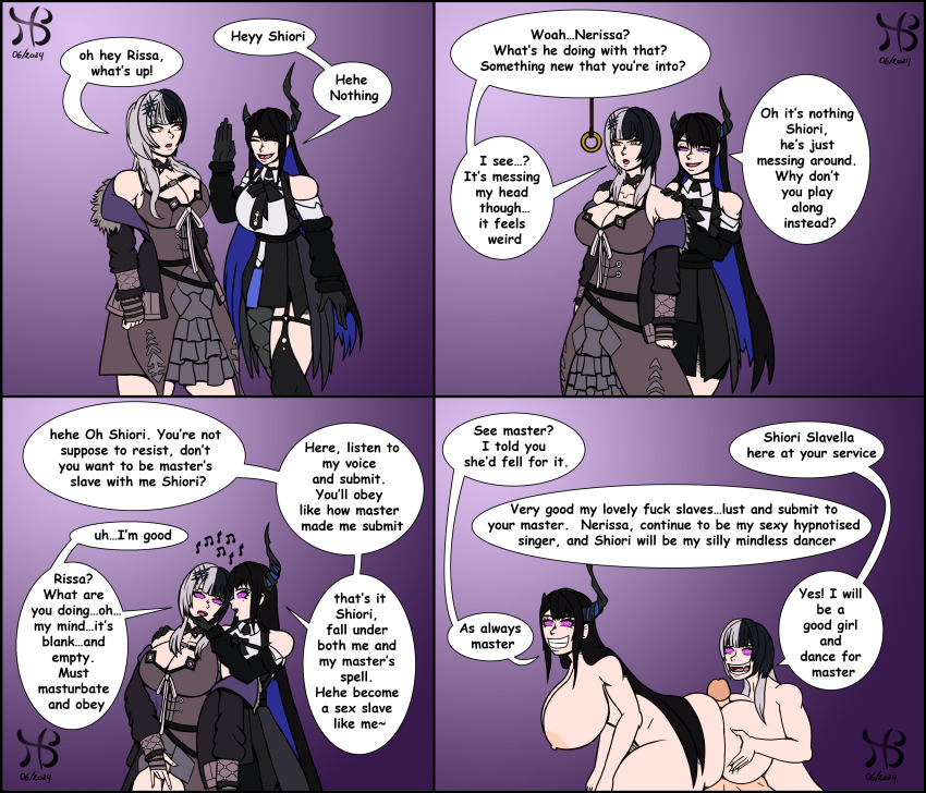 absurdres black_hair bottomless buttjob chin_hold cleavage clothed comic dialogue empty_eyes femsub gloves glowing_eyes gradient_background hair_ornament hiastobasement hololive horns huge_ass huge_breasts hypnotic_voice hypnotized_assistant hypnotized_hypnotist maledom masturbation mole multicolored_hair multiple_girls multiple_subs nerissa_ravencroft nude orange_eyes paizuri pendulum purple_eyes sex shiori_novella short_hair signature simple_background speech_bubble spiralwash_eyes text topless very_long_hair virtual_youtuber