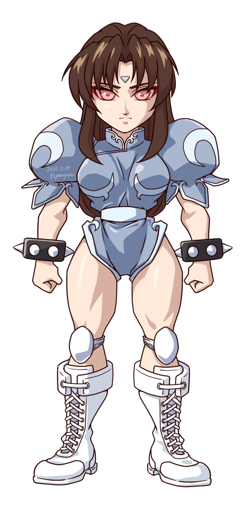 92penpen boots breasts brown_hair capcom chun-li cuffs expressionless female_only femsub knee_pads leotard long_hair microchip muscle_girl red_eyes signature solo standing standing_at_attention street_fighter street_fighter_ii_v tech_control white_background wide_hips