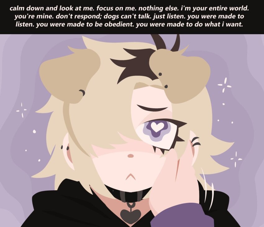 animal_ears blonde_hair blush brown_hair clothed collar dialogue dog_girl dog_tags english_text fake_animal_ears female_only femdom femsub good_sub_conditioning hair_covering_one_eye hand_on_another's_cheek heart_eyes multicolored_hair pet_play piercing pov pov_dom purple_eyes realishangel simple_background sparkle sweater text transfem transgender_identity yuri
