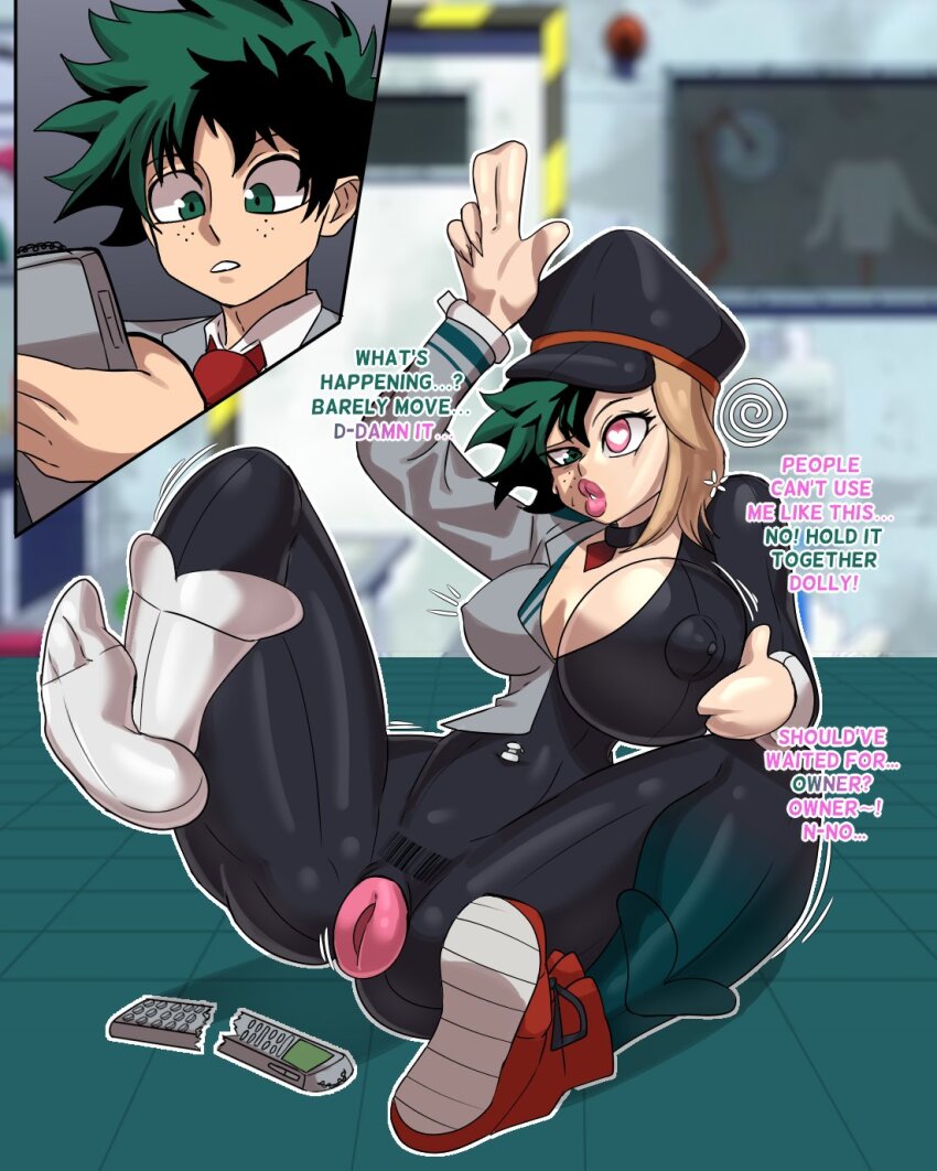 barcode breast_expansion camie_utsushimi dollification english_text erasethismail femsub freckles genderswap green_eyes green_hair hat heart heart_eyes izuku_midoriya malesub my_hero_academia text transformation