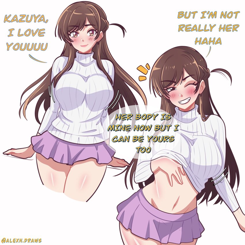 alexndraws breasts brown_eyes brown_hair chizuru_mizuhara dialogue earrings english_text eye_color_change femsub large_breasts long_hair midriff miniskirt navel one_eye_open possession rent_a_girlfriend shirt_lift skirt text thick_thighs thighs white_background wink yellow_eyes