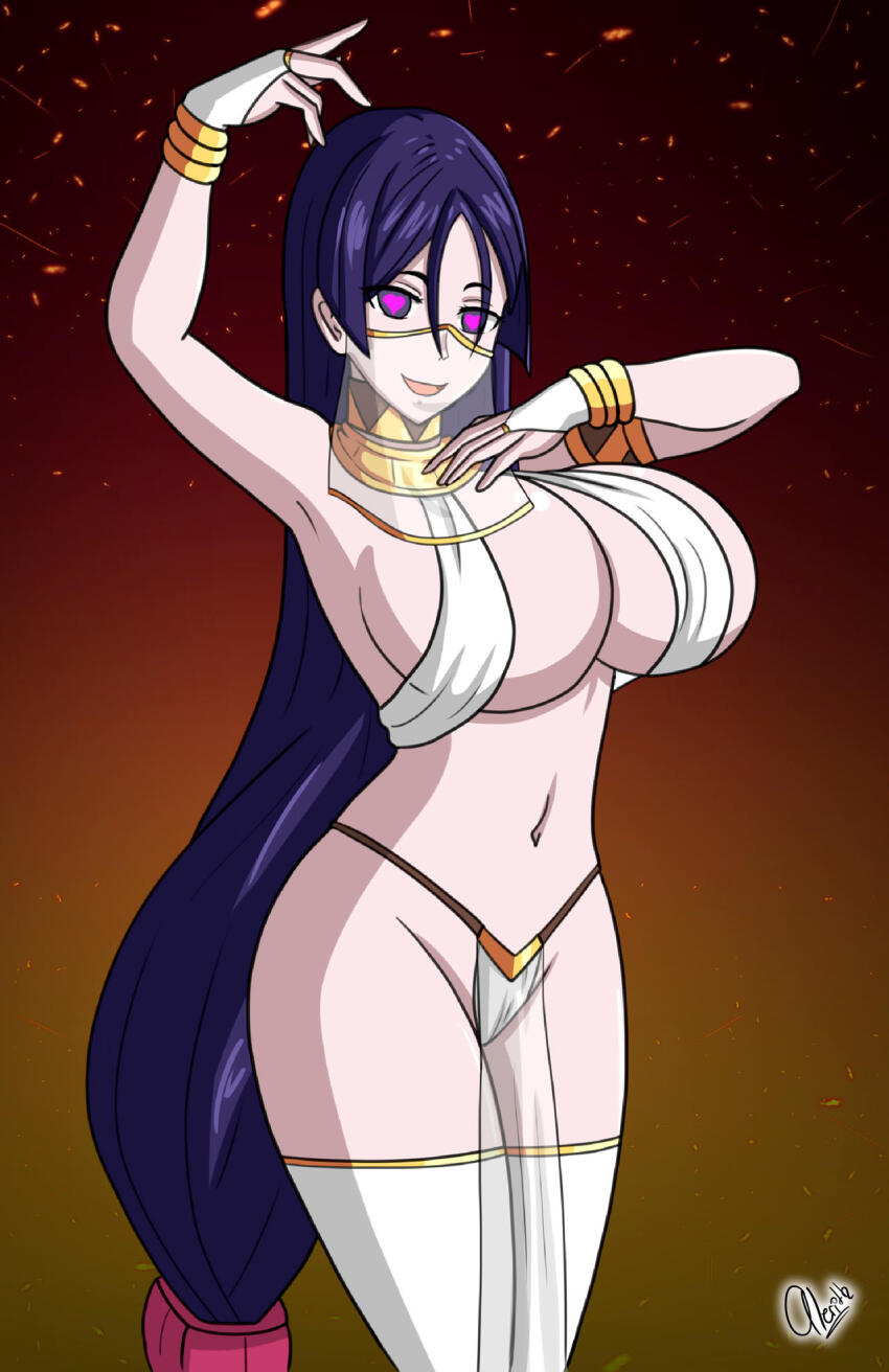 alerith alternate_costume breasts command_seal dancer dancing fate/grand_order fate_(series) female_only femsub happy_trance harem_outfit heart heart_eyes large_breasts long_hair looking_at_viewer midriff minamoto_no_raikou navel purple_hair smile symbol_in_eyes thick_thighs thighhighs thighs veil
