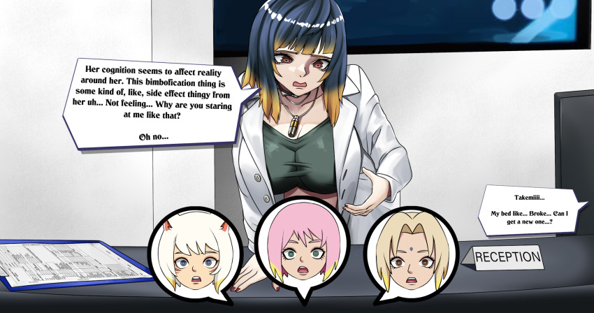 aware bimbofication black_hair blonde_hair breast_expansion breasts brown_eyes dialogue english_text estellise_sidos_heurassein final_fantasy final_fantasy_xiv green_eyes multicolored_hair multiple_girls multiple_subs naruto_(series) persona_(series) persona_5 pink_hair red_eyes sixmi34 speech_bubble tae_takemi tales_of_(series) tales_of_vesperia text tsunade virus white_hair y&#039;shtola