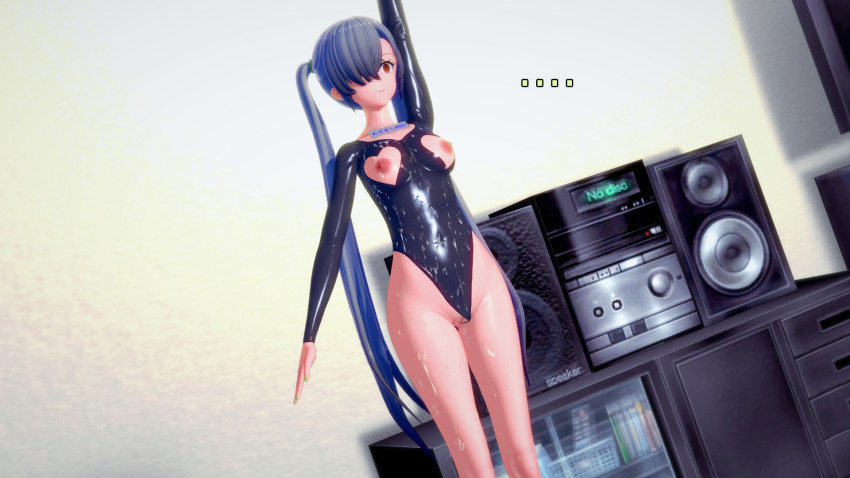3d 8x9wo blue_hair bodysuit clock covered_with_cum drool female_only femsub happy_trance human_furniture inanimate_object koikatsu! long_hair original red_eyes robotization sequence symbol_in_eyes tech_control text translated