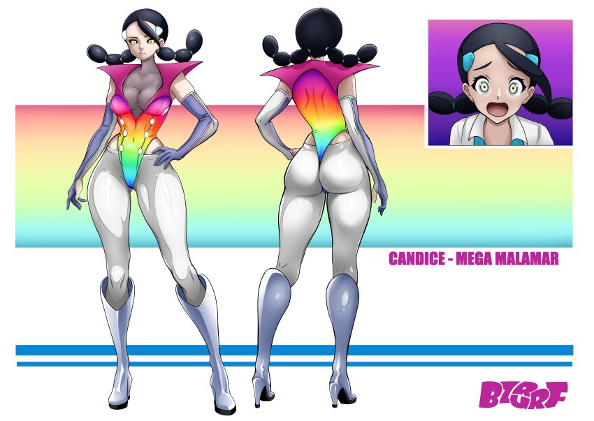 absurdres ass black_hair black_sclera boots breasts bzurrrf cameltoe candice corruption empty_eyes evil_smile female_only femsub gloves hair_clips hand_on_hip high_heels hypnovember large_breasts leotard malamar_outfit multiple_views nintendo opera_gloves pokemon pokemon_diamond_pearl_and_platinum smile solo surprised twintails yellow_eyes