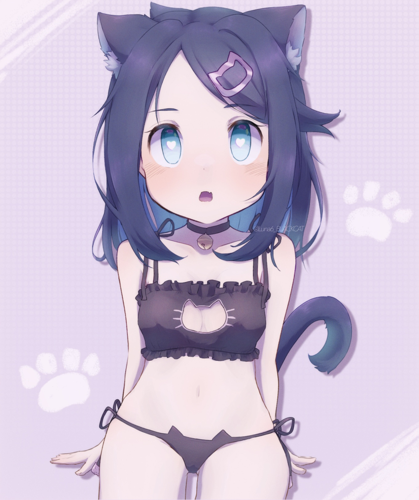 bell_collar blackcat_(luna66) blue_eyes blue_hair breasts cat_ears cat_girl cleavage cleavage_cutout collar female_only femsub hair_clips heart_eyes liko_(pokemon) lingerie loli looking_at_viewer midriff navel nintendo open_mouth pokemon small_breasts solo symbol_in_eyes tail