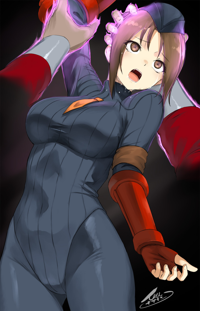 arm_bands aura black_background bodysuit brown_eyes brown_hair corruption drool empty_eyes eye_roll femsub fingerless_gloves gloves hand_on_head hat juli leotard m._bison maledom nakenashi open_mouth pov shadaloo_dolls shoulder_pads signature simple_background street_fighter tears tie tied_shirt tongue